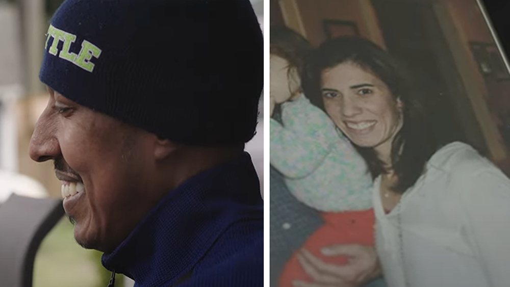 Left | A side profile of Nasir, a dark skinned man smiling into the distance Right | An old photo of Rachel Lavine
