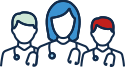 A group of providers. From left to right: a male provider with green hair, a female doctor with medium length blue hair, a male with red hair
