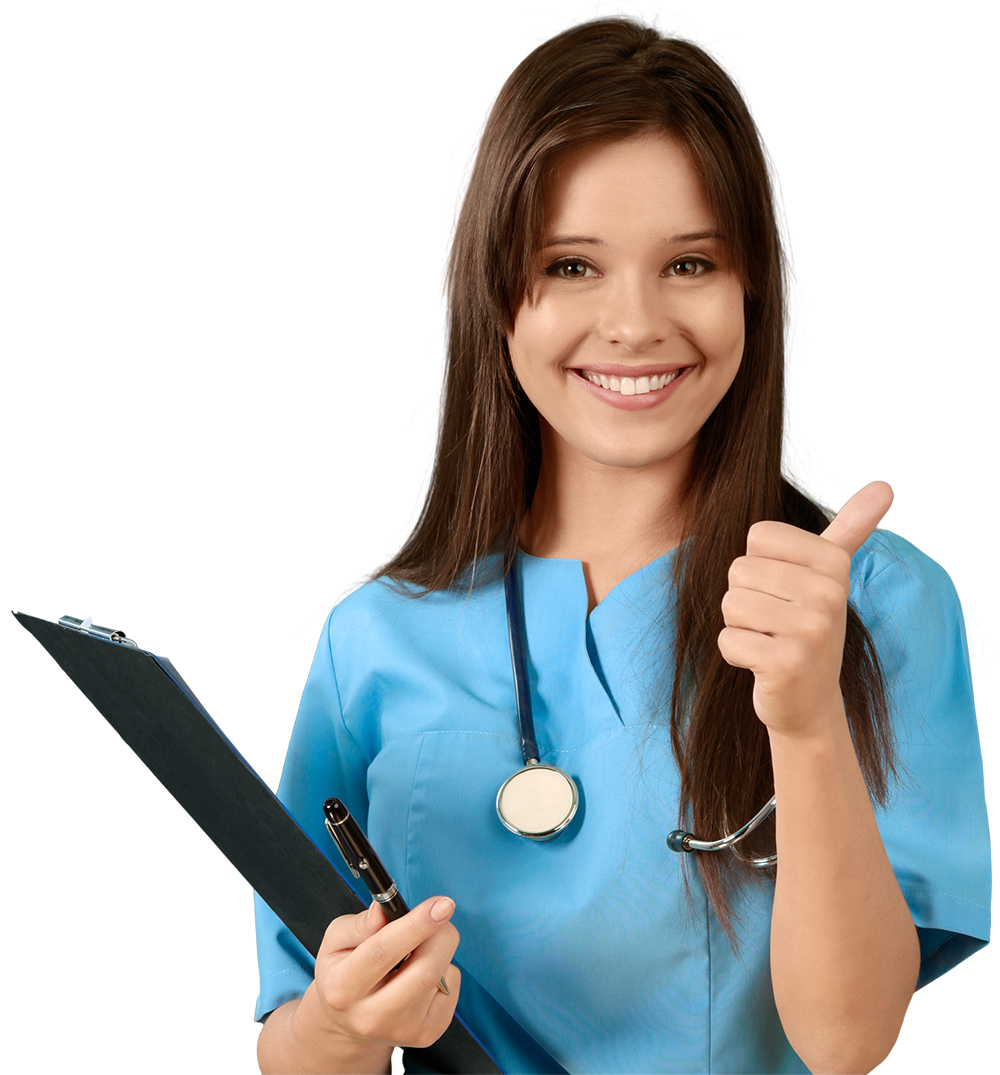 A white female nurse in blue scrubs gives a thumbs up
