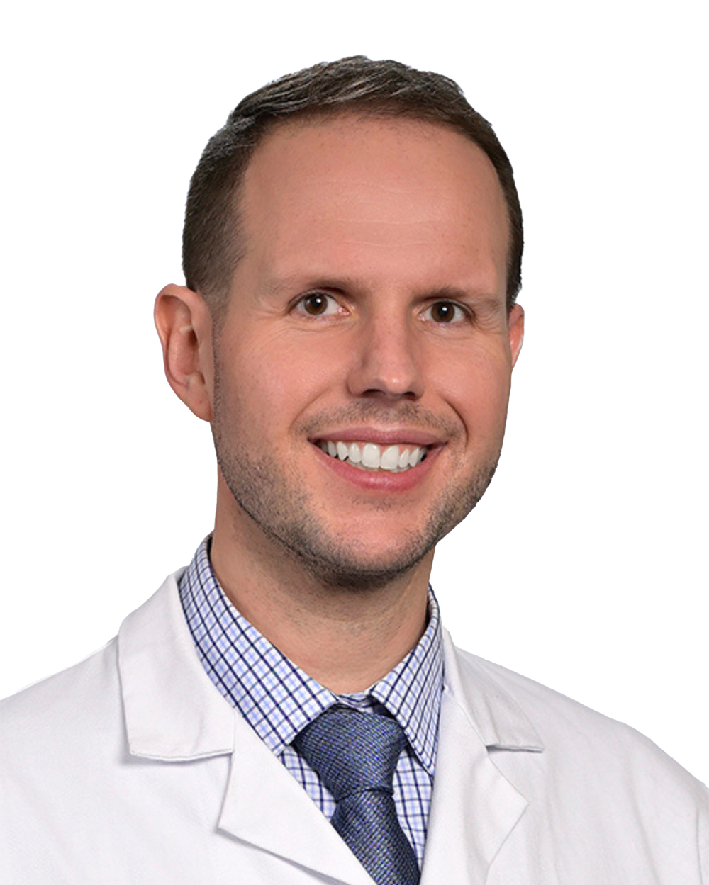 Dr Mike Fradley, a cardio-oncologist - a white man with dark hair and a lab coat smiles